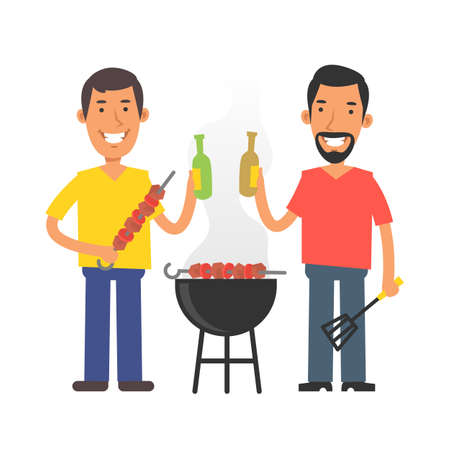 Young man holding barbecue and beer. Young man with beard holding kitchen spatula and beer. Vector characters. Vector Illustrationのイラスト素材