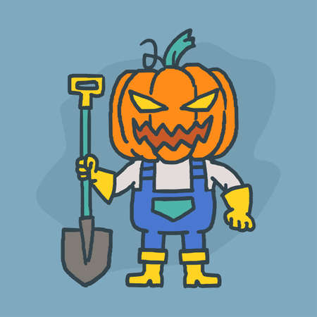 Pumpkin character holding shovel and smiling. Hand drawn character. Vector illustrationのイラスト素材