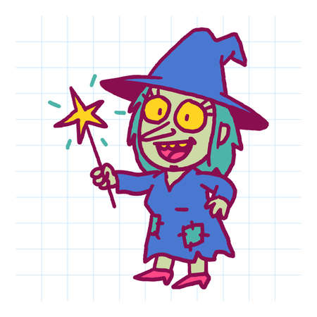 Cheerful woman holding magic wand and smiling. Hand drawn character. Vector illustrationのイラスト素材