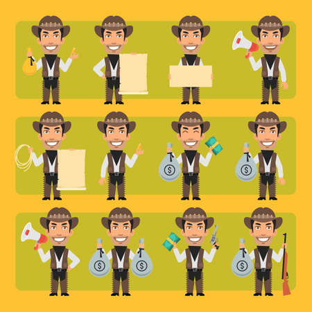 Cowboy with hat in different poses and emotions Pack 1. Big character set. Vector characterのイラスト素材