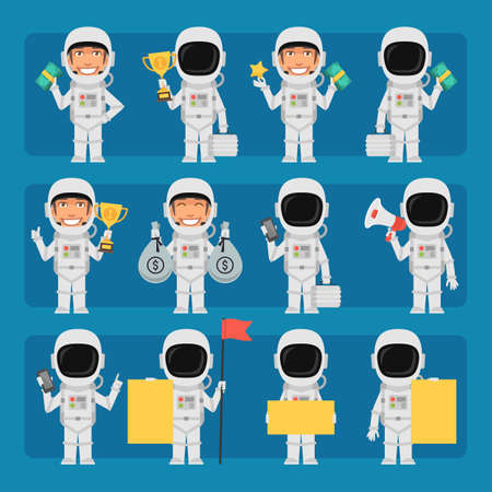 Male astronaut in spacesuit in different poses and emotions Pack 1. Big character set. Vector characterのイラスト素材