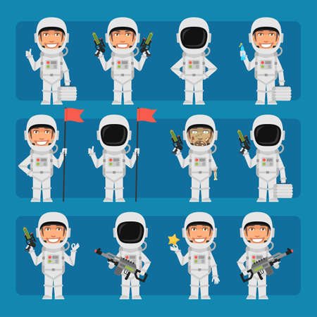 Male astronaut in spacesuit in different poses and emotions Pack 2. Big character set. Vector characterのイラスト素材