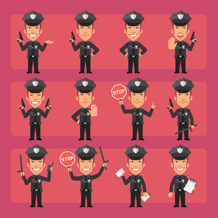 Police officer in different poses and emotions Pack 2. Big character set. Vector characterのイラスト素材