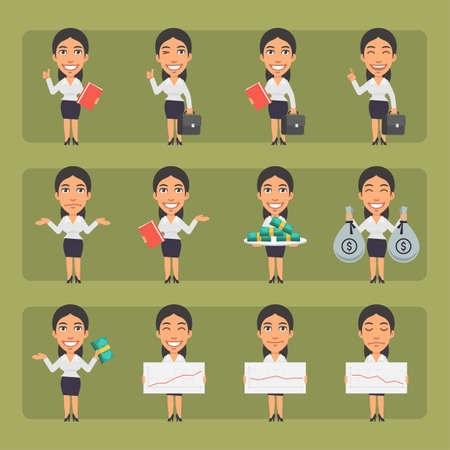Young business woman in different poses and emotions Pack 2. Big character set. Vector characterのイラスト素材