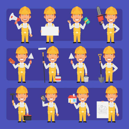 Young construction worker in uniform in different poses and emotions. Big character set. Vector...