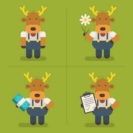 Funny deer character holding money flower and tablet. Exclusive Characters Pack. Vector Illustrationのイラスト素材