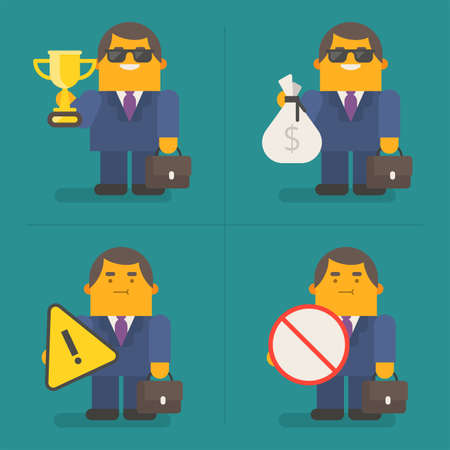 Young businessman holding gold cup bag money and signs. Exclusive Characters Pack. Vector Illustrationのイラスト素材