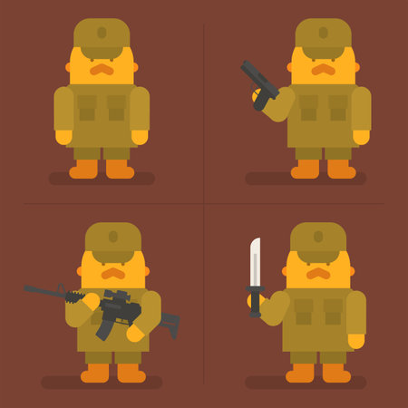 Soldier holding pistol machine gun and knife. Exclusive Characters Pack. Vector Illustrationのイラスト素材