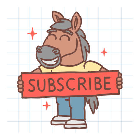 Horse character holds web button with inscription subscribe. Hand drawn character. Vector Illustrationのイラスト素材