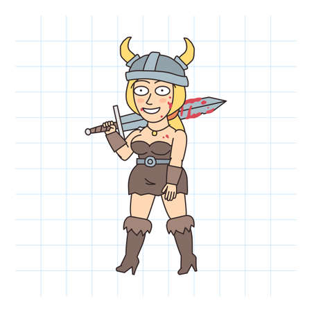 Viking woman holding bloody sword and walking. hand drawn character. vector illustrationのイラスト素材