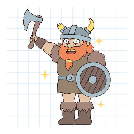 Viking man holding shield and raising an ax up. hand drawn characters. vector illustrationのイラスト素材