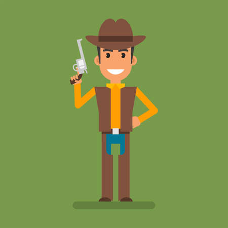 Cowboy holding hand on side holding revolver and smiling. flat people. vector illustrationのイラスト素材