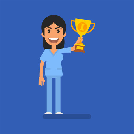 Nurse woman holding golden cup and smiling. flat people. vector illustrationのイラスト素材