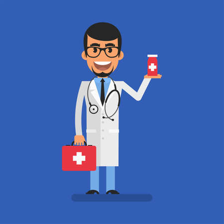 Doctor holding suitcase and tablets. flat people. vector illustrationのイラスト素材