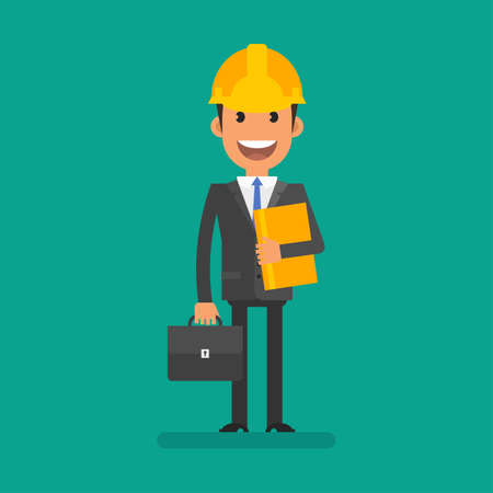 Businessman in hardhat holding briefcase and folder. flat people. vector illustrationのイラスト素材