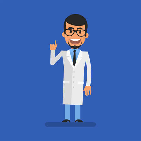 Doctor pointing finger up and smiling. flat people. vector illustrationのイラスト素材