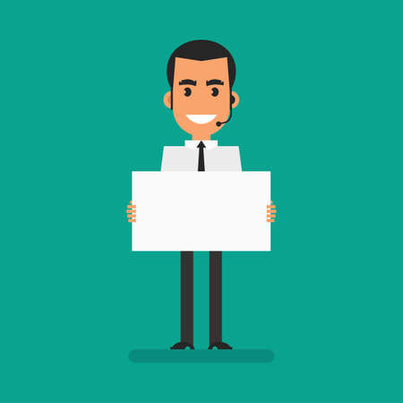 Manager holding a blank sign and smiling. flat people. vector illustrationのイラスト素材