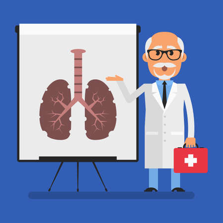 Old doctor points to flip chart with picture diseased lungs. flat people. vector illustrationのイラスト素材
