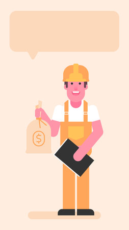 Builder holding bag with money and folder with documents. flat people. vector illustrationのイラスト素材