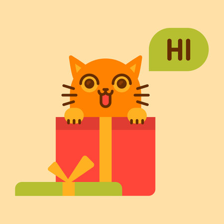 Cat in gift box says hi. funny character. vector illustrationのイラスト素材