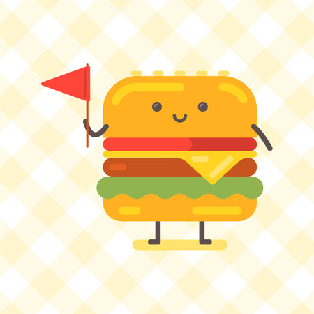 Hamburger character holding red flag and smiling. funny character. vector illustrationのイラスト素材