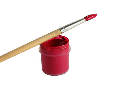Art paintbrush with red paint isolated on white horisontalの写真素材
