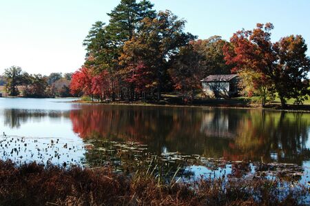 A reflection on the water during the fallの写真素材