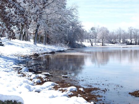 by a pond in the winter after a stormの写真素材