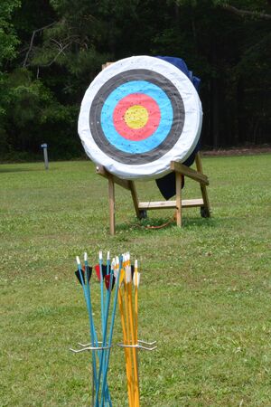 An archey training grounds located in a wooded field with arrows ready to go.