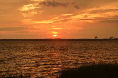View along the Cape Fear River at sunset in North Carolina.の写真素材