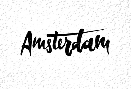 Hand drawn lettering label with Amsterdam city. This illustration can be used as a print on T-shirts, bags, wall, poster, and for tourism or visit promotion.のイラスト素材