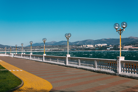 A plot of seaside promenade with a view of the Black Sea and mountains. Gelendzhik, Russiaの写真素材