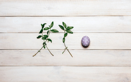 A colorful Easter egg of purple with a white dot, painted in handmade and two branches of spring plants lie in a row on an old white wooden background. Top view, split lay styleの写真素材