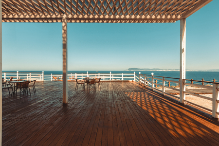 Wooden terrace with view on seaの写真素材