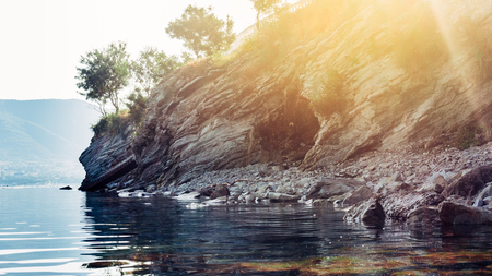 Picturesque seashore and rocks at sunrise. Thick Cape, Gelendzhik, Russiaの写真素材