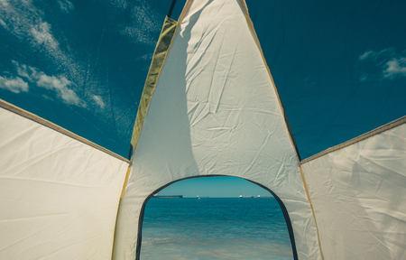 Tourist Tent Inside At Beautiful Sea View Holiday Vacation Conceptの写真素材