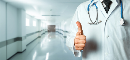 Closeup Unrecognizable Man Doctor Showing Thumbs Up. Gesture  Healthcare People Medicine Conceptの写真素材