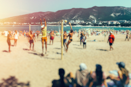 Blurred Volleyball Match On Beach In Summer. Holiday Beach Summer Enjoyment Conceptの写真素材