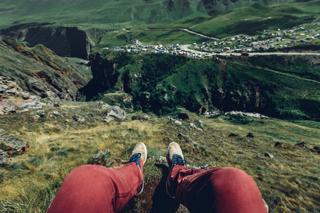 Traveler Young Man Resting And Enjoying View Of Nature, Point Of View Shot