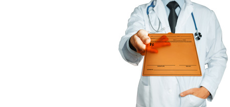 Man Doctor Holding Tablet With Diagnosis, Prescription Or Medical Data. Healthcare Insurance Medicine Conceptの写真素材