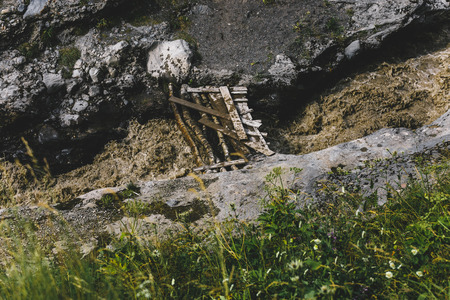 Old Wooden Bridge Over Mountain River In Summer, Top View