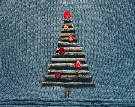Christmas Tree Made Of Tree Branches And Buttins. Creative Conceptの写真素材