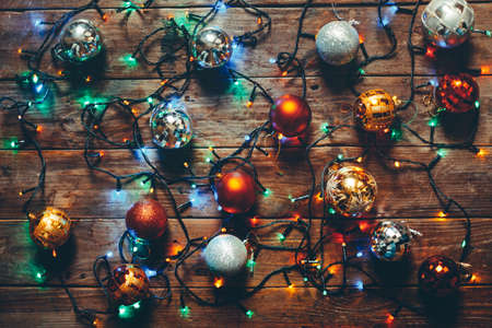 New Year Christmas Colorful Decorations On Wooden Background, Top Viewの写真素材