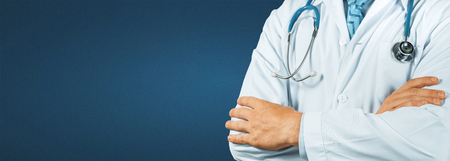 Professional Doctor With Stethoscope On Blue Background. Healthcare Medicine Conceptの写真素材
