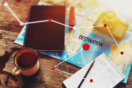 Travel Equipment Hiking Destination Plan, Map, Film Camera And Digital Tablet.の写真素材
