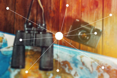 Adventure Journey Travel Scout Journey Concept. Vintage Film Camera, Map And Binoculars On Wooden Table, Flat Lay Pointの写真素材