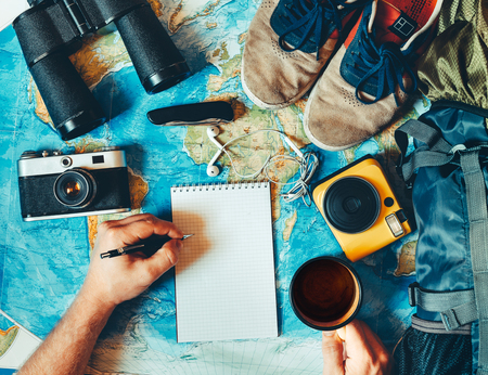 Travel Adventure Hiking Concept. Traveler's accessories, Essential vacation items, Top Viewの写真素材