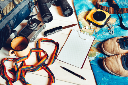 Travel and hiking accessories, Essential vacation items, Travel Adventure Hiking Conceptの写真素材
