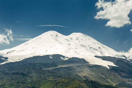 Picturesque Elbrus And Green Hills At Sunny Summer Day. Elbrus Region, Northen Caucasus, Russiaの写真素材