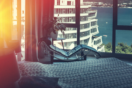 Exclusive Design Bedroom with sea and city view, Close-Upの写真素材